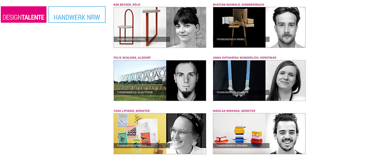 DesignTalente Handwerk NRW 2020: sechs Themenbereiche, ein Sonderpreis, strahlende Siegerinnen und Sieger. Vor zwei Jahren durften sich Kim Becker und Felix Schloms, Absolventen der Akademie für Handwerksdesign der Handwerkskammer Aachen, Designtalente nennen. DesignTalente Handwerk NRW 2020: sechs Themenbereiche, ein Sonderpreis, strahlende Siegerinnen und Sieger. Vor zwei Jahren durften sich Kim Becker und Felix Schloms, Absolventen der Akademie für Handwerksdesign der Handwerkskammer Aachen, Designtalente nennen.