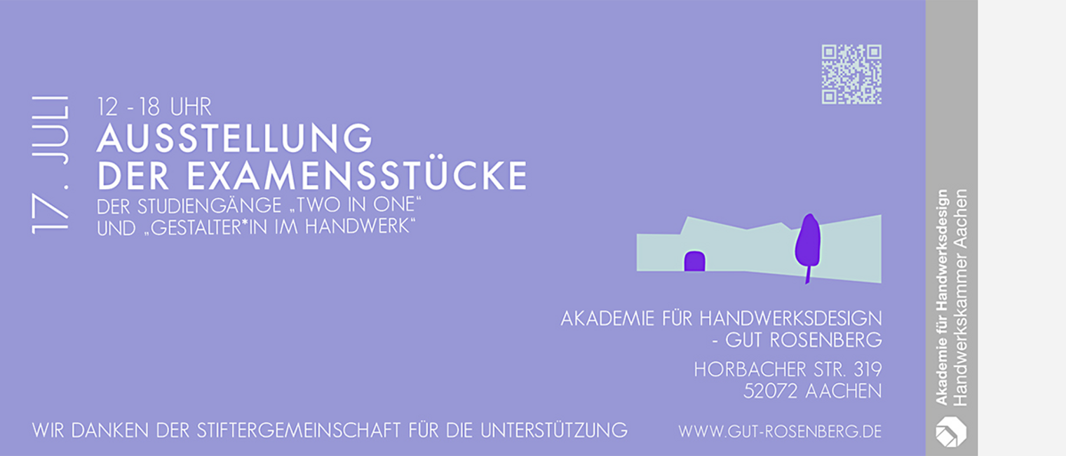 Herzliche Einladung zur Ausstellung der Examensarbeiten am 17. Juli von 12 - 18 Uhr. Herzliche Einladung zur Ausstellung der Examensarbeiten am 17. Juli von 12 - 18 Uhr.