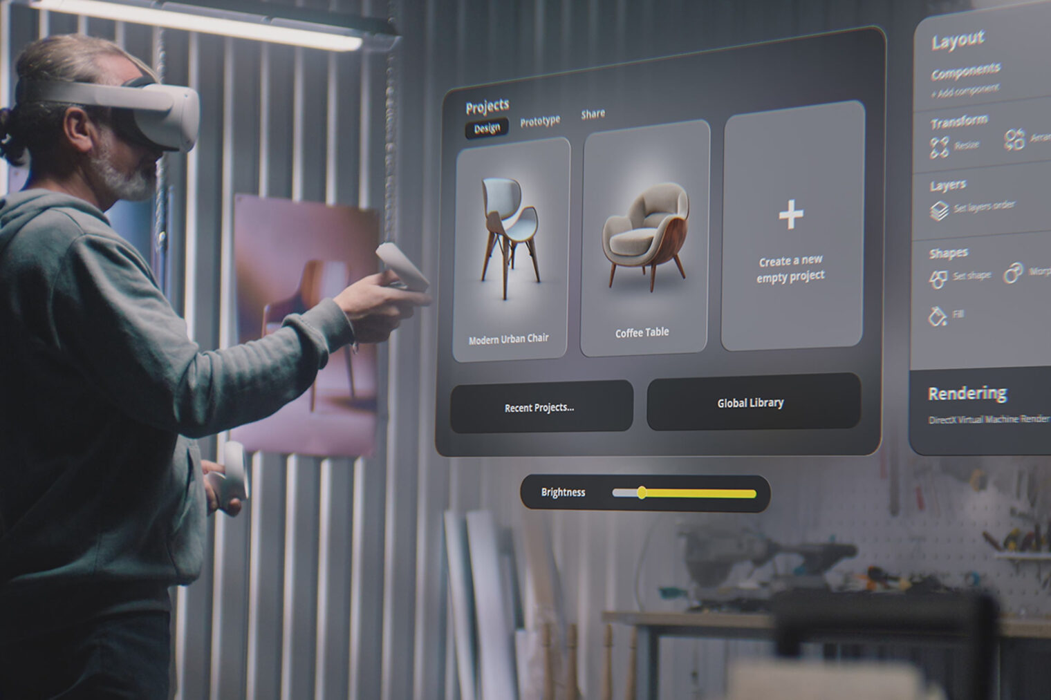 Mann mit VR-Brille entwickelt einen neuen Designstuhl