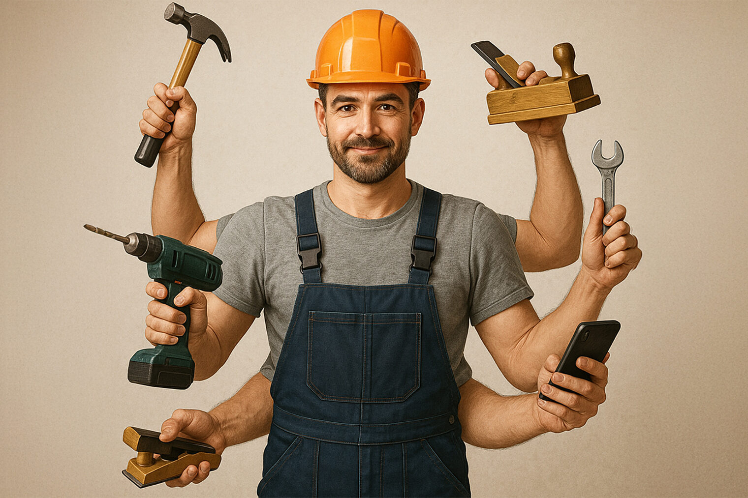 Ein KI-generierter Handwerker mit 6 Armen und verschieden Werkzeug und Büro-Utensilien.