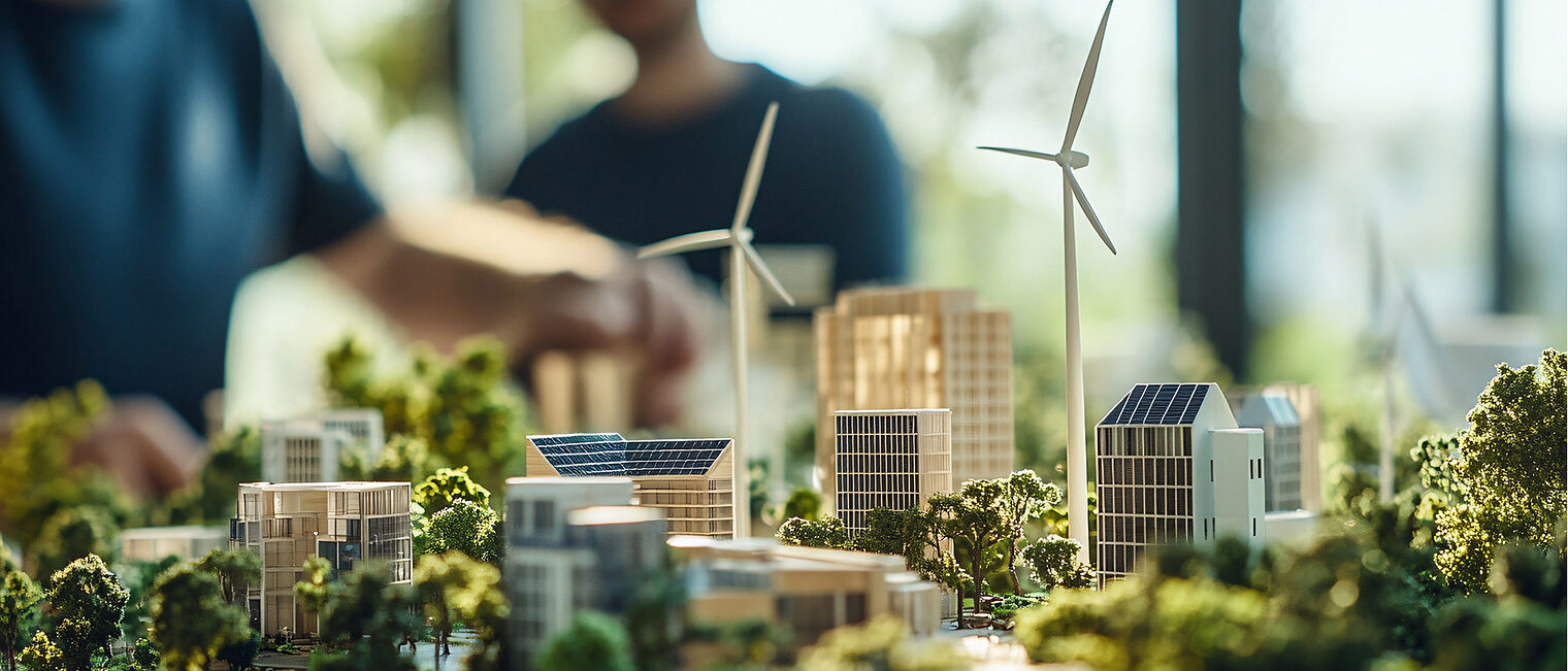 architecture model with wind turbines, solar panels, and green building design in office architecture model with wind turbines, solar panels, and green building design in office