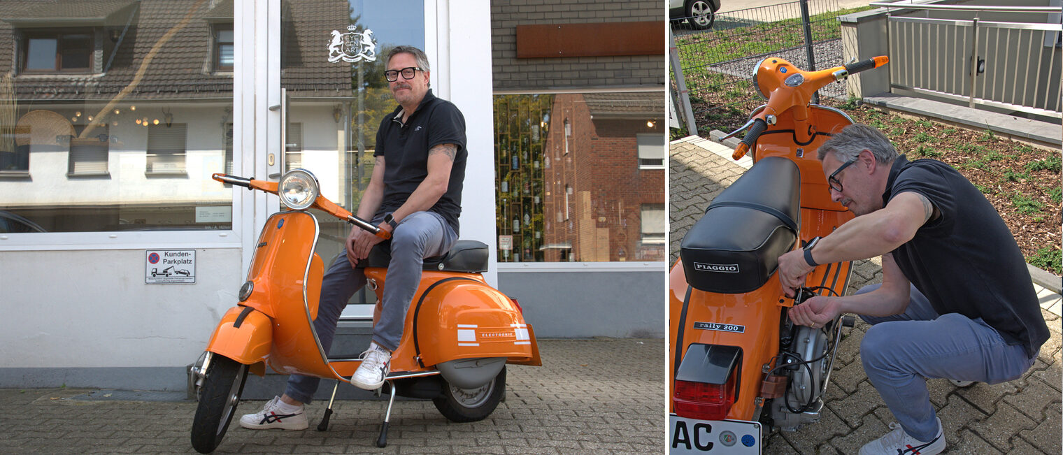 Für Optikermeister André Hülser ist die alte Vespa Hobby und Marketingtool. 