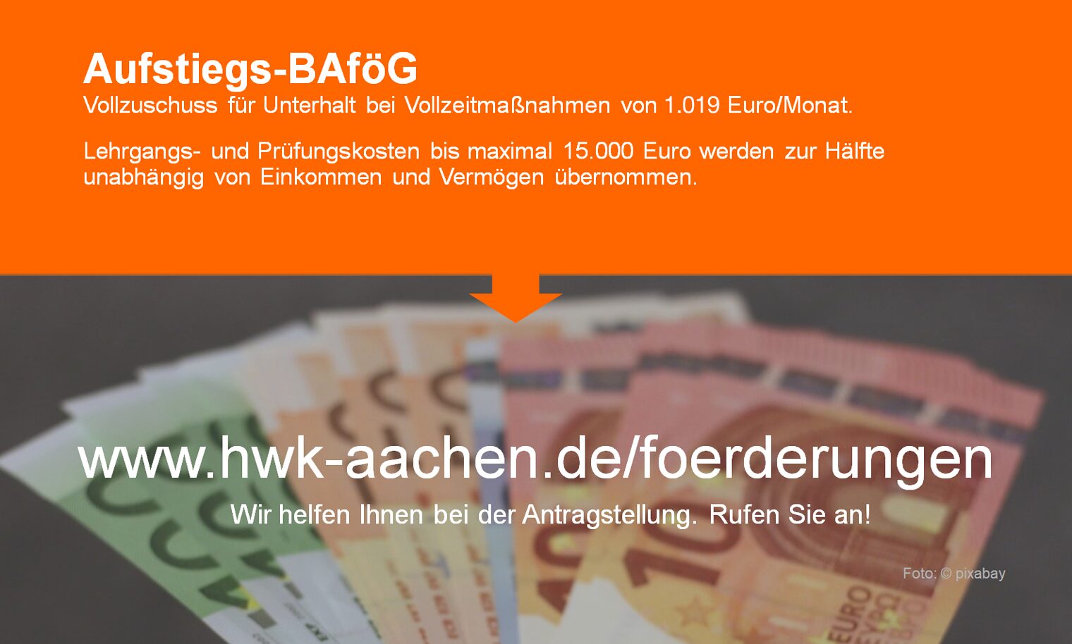 Aufstiegs-BAföGVollzuschuss für Unterhalt bei Vollzeitmaßnahmen von 1.019 Euro/Monat.Lehrgangs- und Prüfungskosten bis maximal 15.000 Euro werden zur Hälfte unabhängig vom Einkommen und Vermögen übernommen.