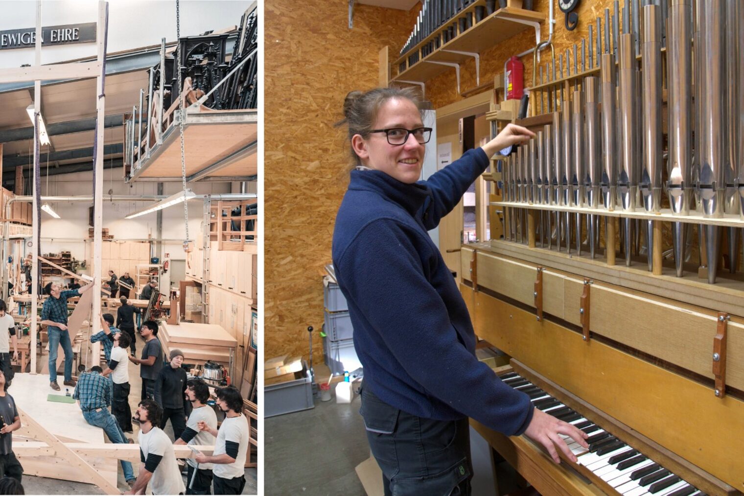 Wimmelbild: Geordnetes »Gewusel« in der Montagehalle von Orgelbau Weimbs. Orgelbauerin Melina Winkelmann trifft den richtigen Ton.