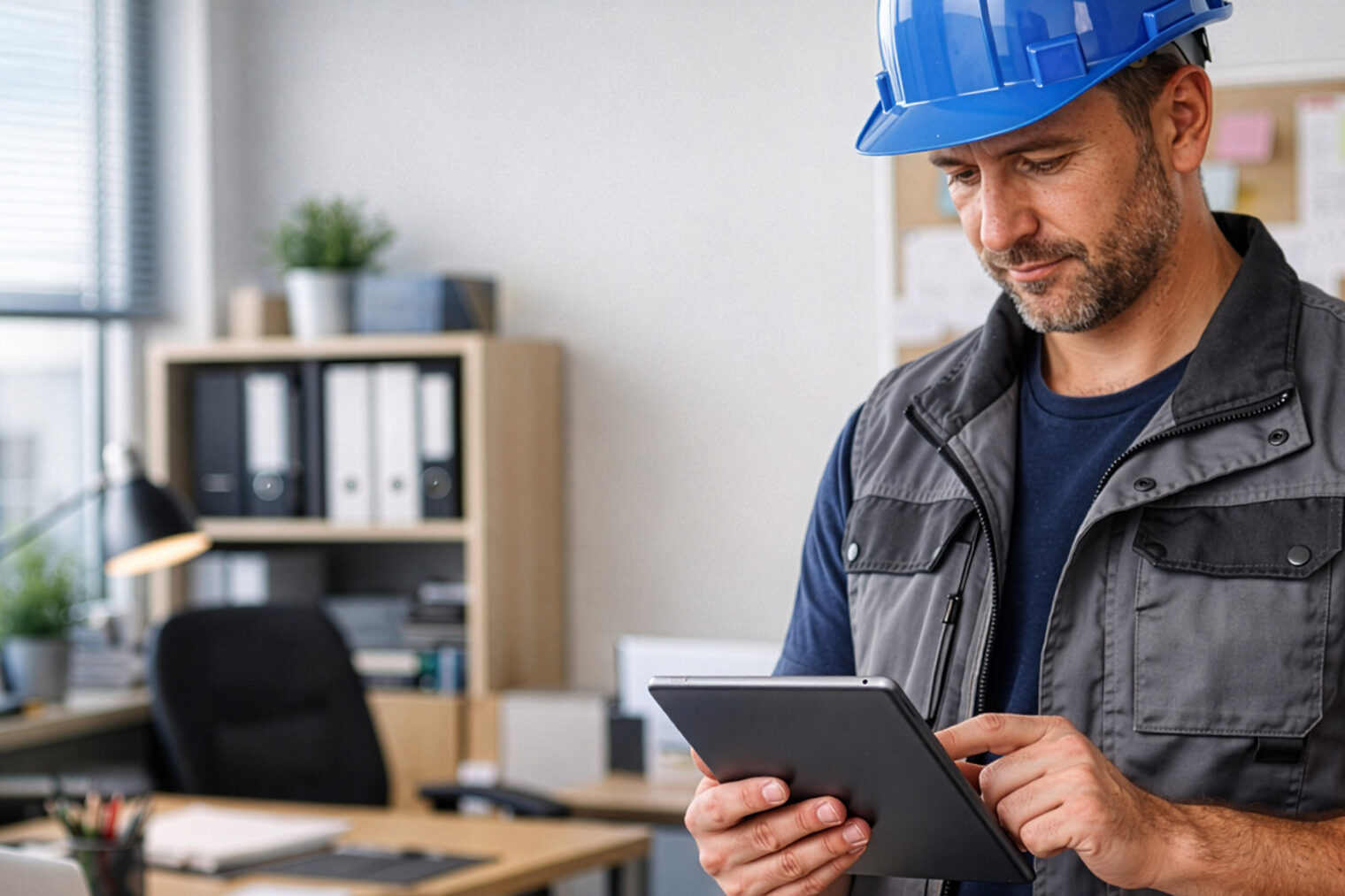 Mann mit blauem Baustellhelm steht im Büro und bedient einen Tablett