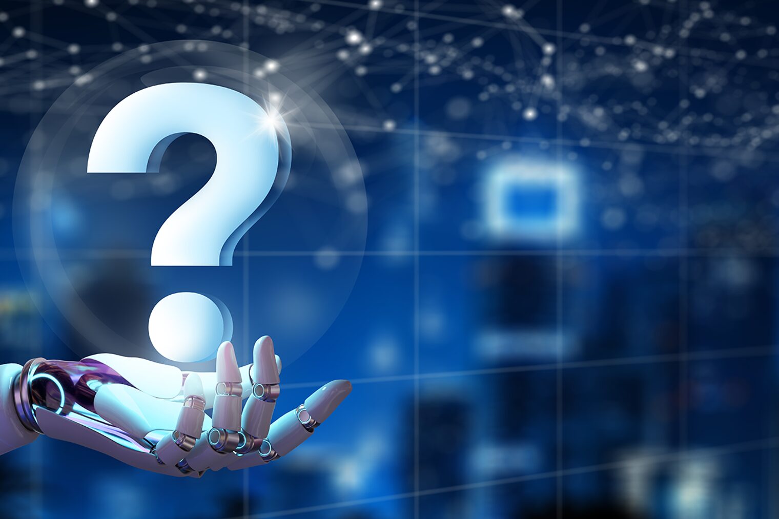 KI‑Roboterhand hält ein digitales Fragezeichen. Doppelbelichtung mit nächtlicher Stadt im Hintergrund. 