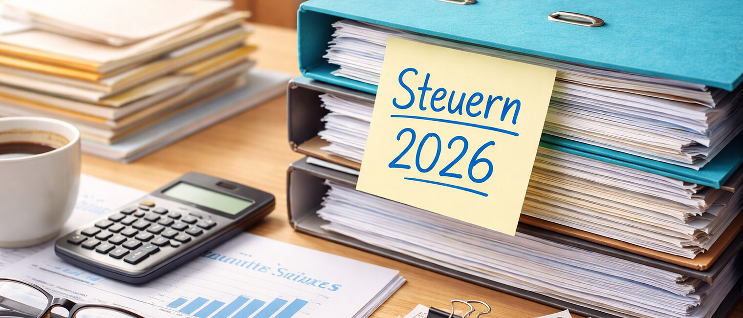 Ordner mit Steuerunterlagen, Rechner, Belegen auf einem Schreibtisch als Symbolbild für Aufbewahrungsfristen in Betrieben.