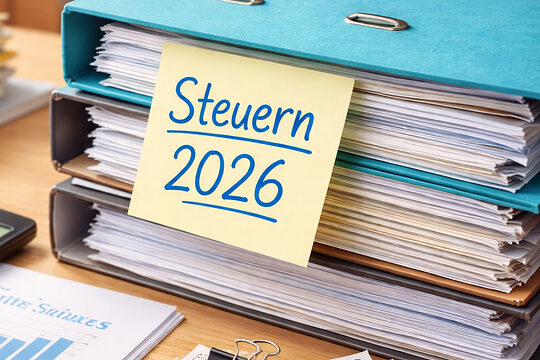 Ordner mit Steuerunterlagen, Rechner, Belegen auf einem Schreibtisch als Symbolbild für Aufbewahrungsfristen in Betrieben.