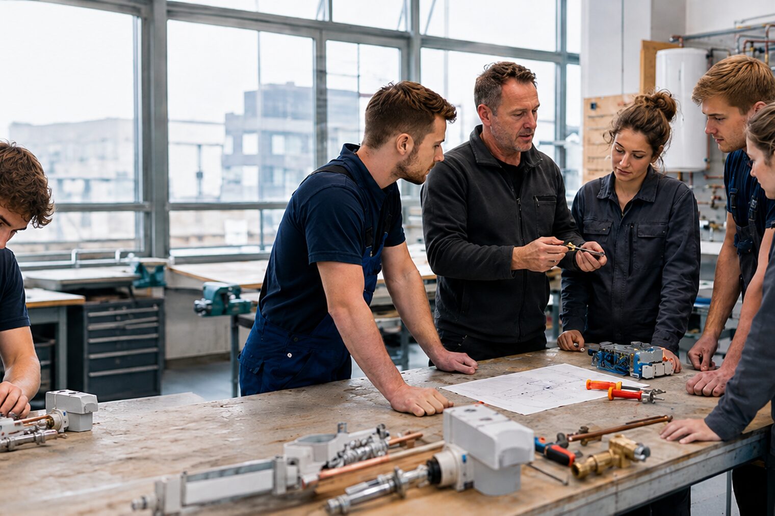 Erfahrener Handwerker erklärt einer kleinen Gruppe junger Meisterschüler einen technischen Vorgang. 