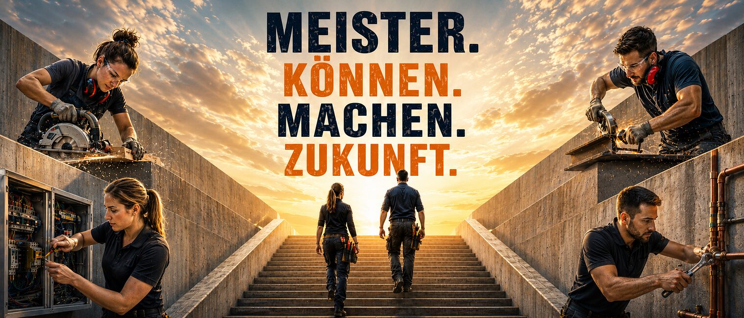 Ein AI-generiertes Bild mit dem Titel Meister. Können. Machen. Zukunft. 2 Personen laufen Treppe in den Sonnenuntergang. Am Bildrand sieht man Personen in verschieden Handwerken bei der Arbeit.