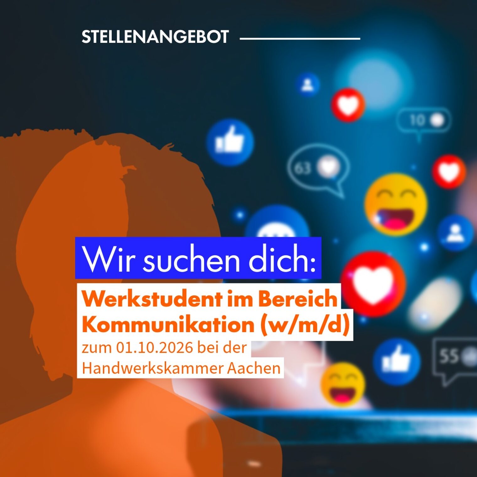 Klugen Kopf (w/m/d) im Bereich KommunikationDie HWK Aachen bietet eine Stelle als Student im Bereich Kommunikation.