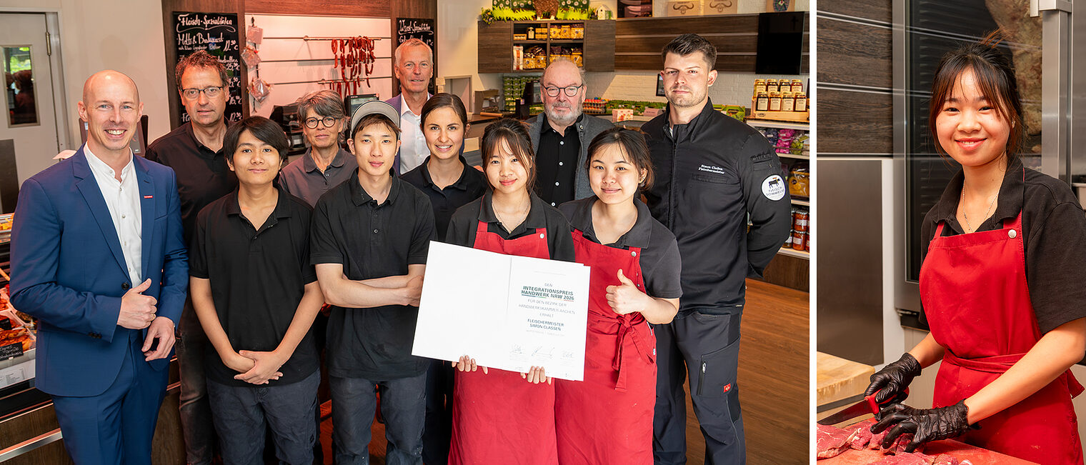 Gruppenfoto bei Überreichung der Urkunden "Integrationspreis Handwerk NRW" an Fleischermeister Simon Claßen und Verlobte Frau Nina Hamm.