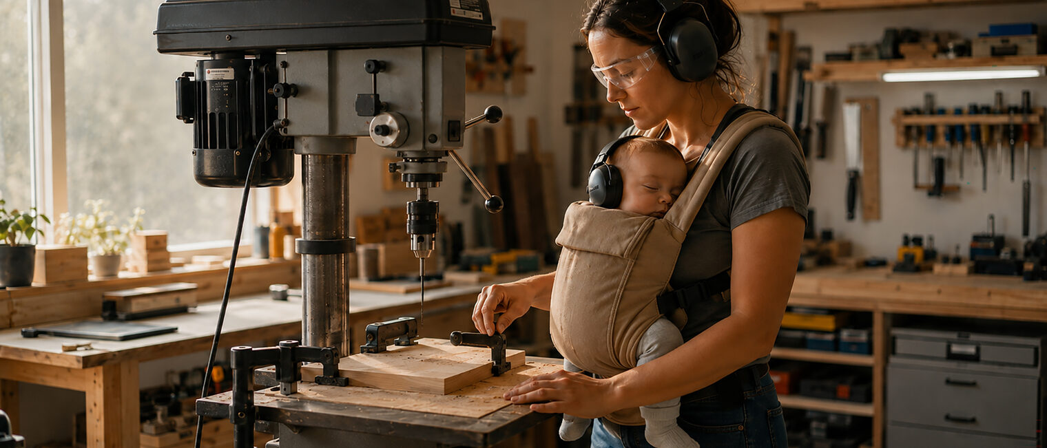 Junge Frau mit Baby in der Babytrage (sie tragen Gehörschutz) steht in der Werkstatt vor einer festinstallierten Bohrmaschine