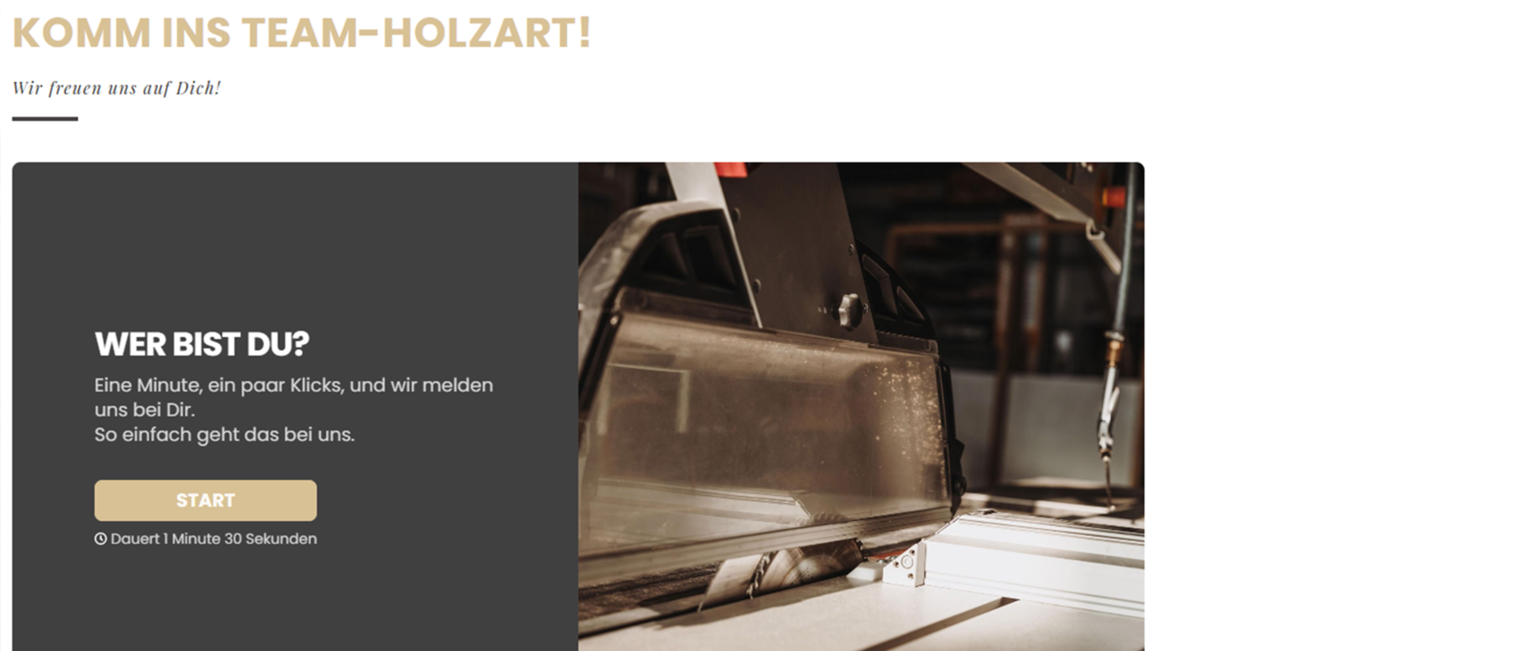 Screenshot vom Online-Bewerbungstool der Homepage der Firma HolzArt