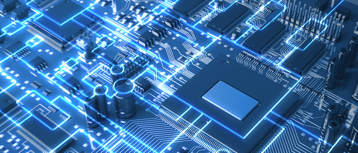 Fantasie-Platine oder Mainboard mit glühenden Systeme. Ansicht von oben. 3D-Illustration